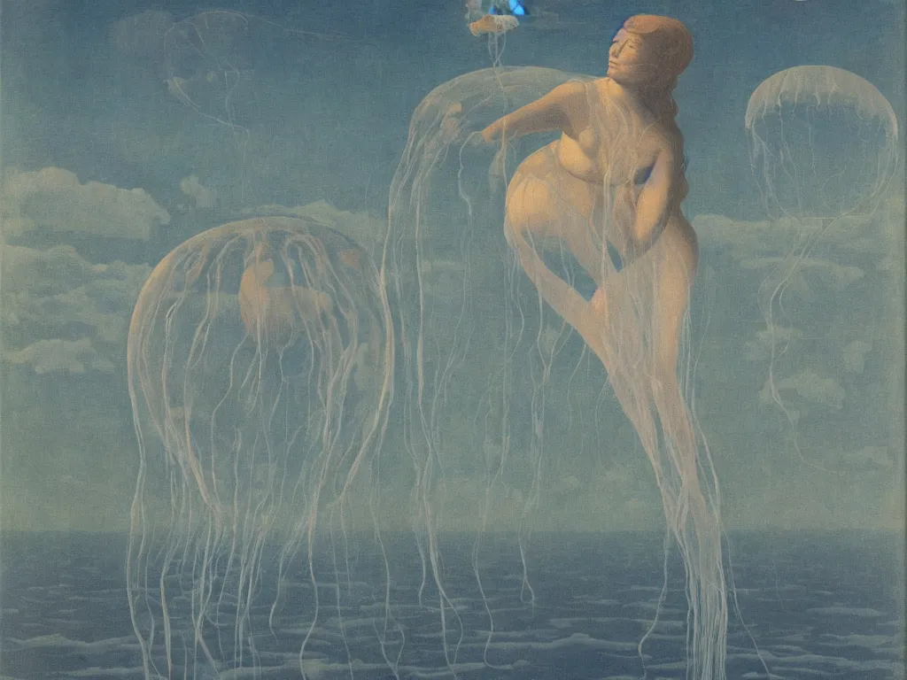 Image similar to Woman inside a jellyfish floating in the sky. Obsidian hills. Rene Magritte, Jean Delville, Max Ernst, Maria Sybilla Merian