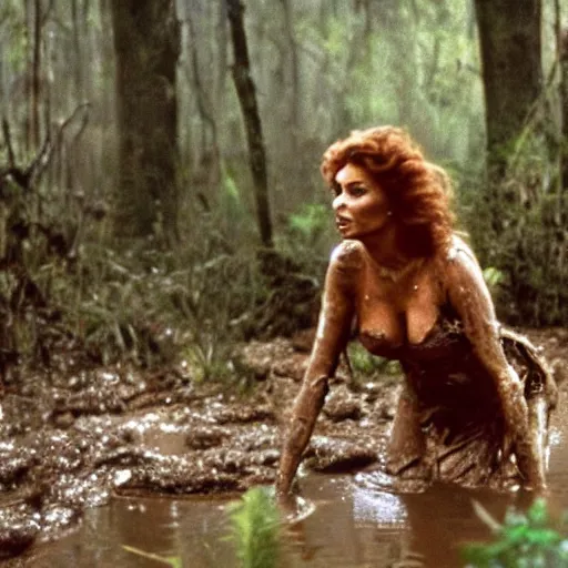 Image similar to cinematic still of sophia loren, covered in mud and watching a predator in a swamp in 1 9 8 7 movie predator, hd, 4 k