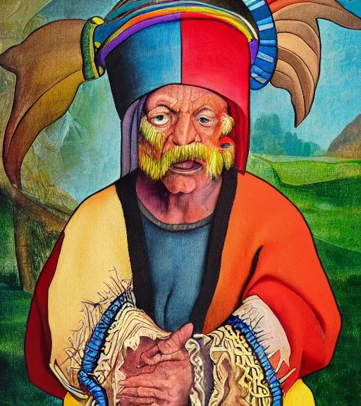 Image similar to Portrait painting in a style of Hieronim Bosch of an old shaman dressed in a colorful traditional clothes.
