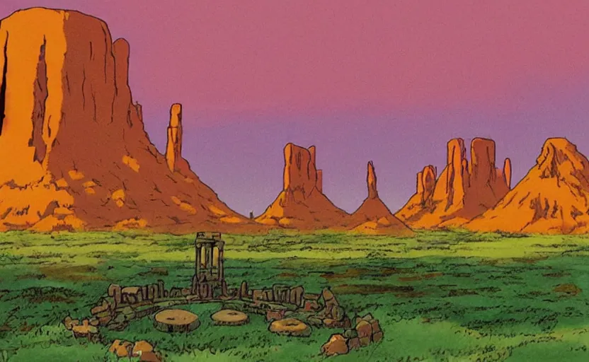 Image similar to a cell - shaded studio ghibli concept art from paprika ( 2 0 0 6 ) of a multi - colored spaceship from close encounters of the third kind ( 1 9 7 7 ) in a lush temple that looks like monument valley stonehenge jungle. a caravan is in the foreground. very dull colors, portal, hd, 4 k, hq