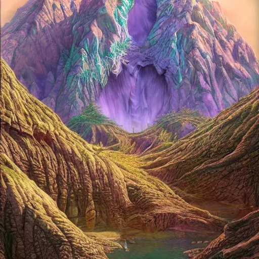 Image similar to of a matte painting of divine mountainscreen by simon bisley, trending on artstation, fine detailing abandoned angelic lagoon crayola crayon, by joe jusko and mike winkelmann, polar