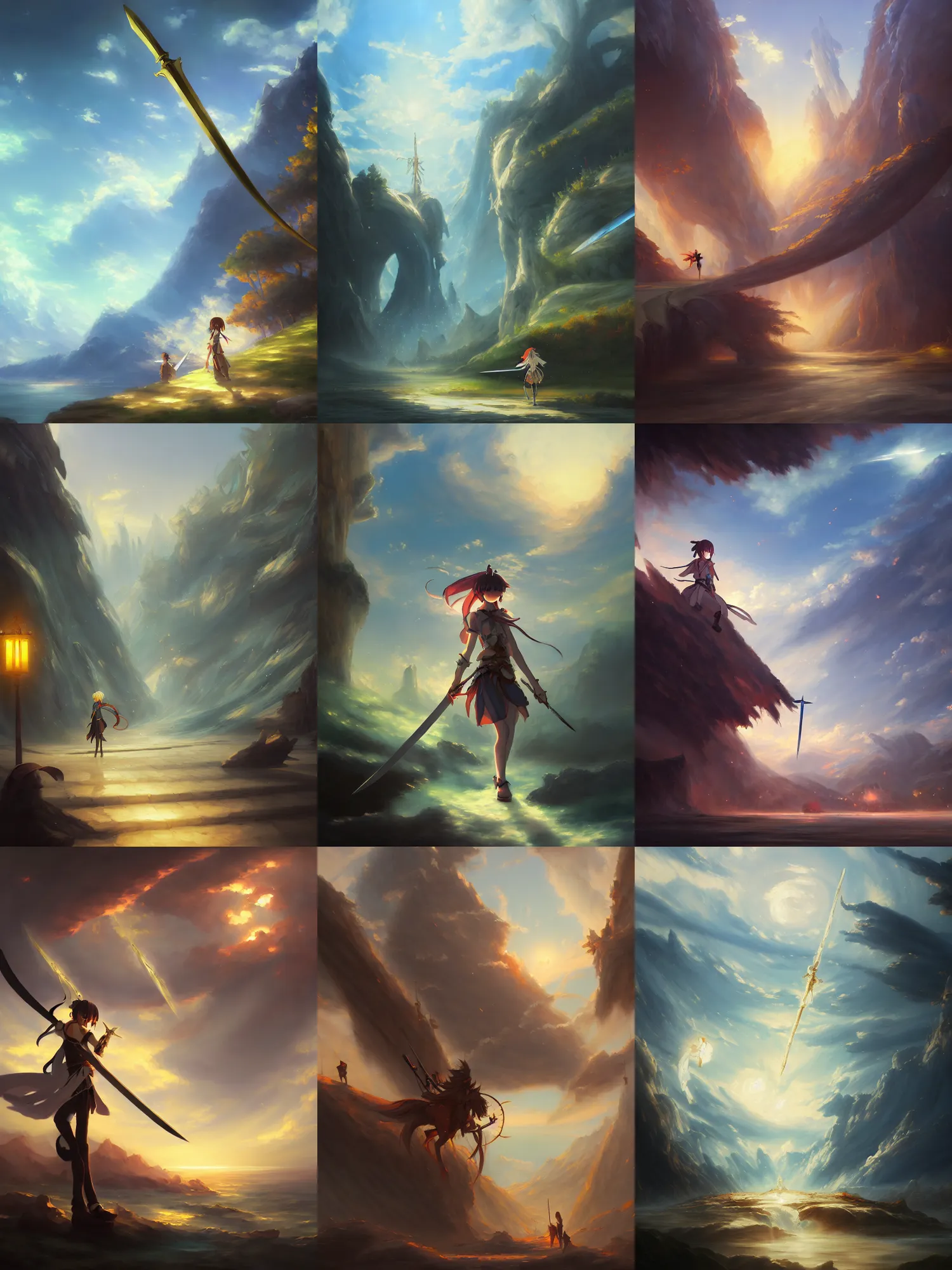 Prompt: classical oil painting of anime environment concept art featuring a sword enchanted with wind and energy, weapon showcase, fantasy, trending on artstation, stylistic, brush strokes, oil, canvas, by kawacy and makoto shinkai