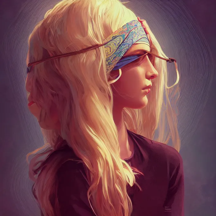 Image similar to blindfold handsome young women with shoulder length blonde hair, symmetrical, half body shot, path traced, highly detailed, high quality, digital painting, alena aenami, lilia alvarado, shinji aramaki, karol bak, alphonse mucha, tom bagshaw