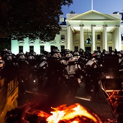 Image similar to a still candid image of hundreds of stormtropers rioting in front of a the white house in washington.!!!, dusk, fire, smoke, kayos, flames