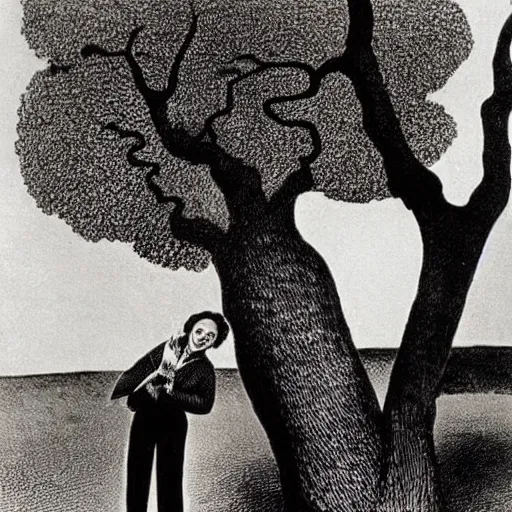 Prompt: Marie Curie hugging a tree by Salvador Dalí