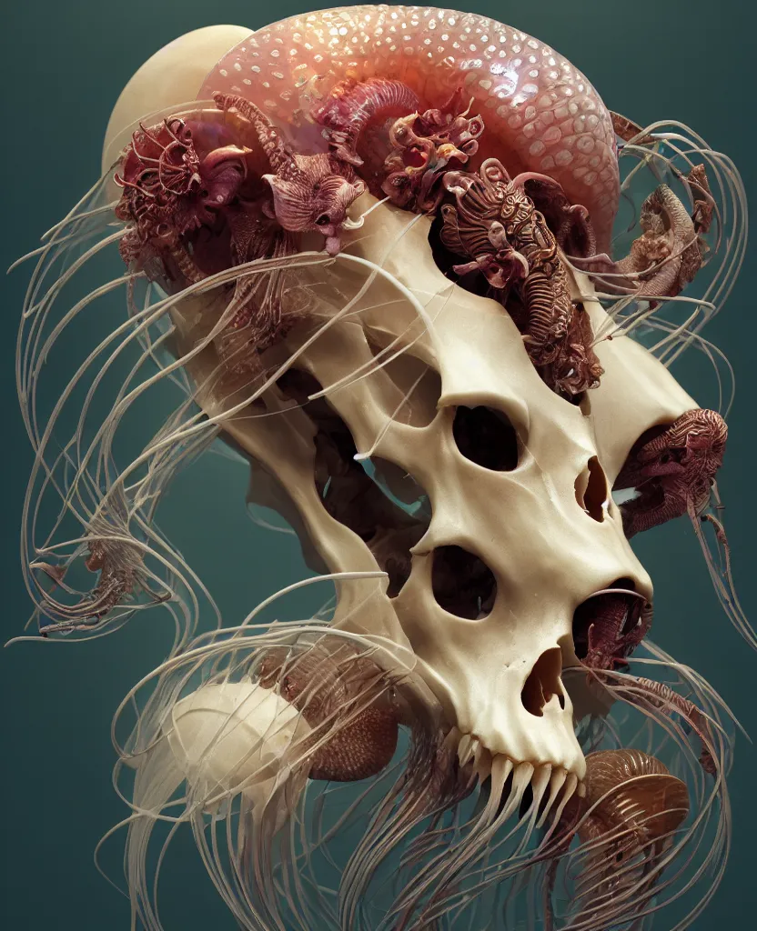 Image similar to goddess close-up portrait goat skull. jellyfish phoenix head, nautilus, orchid, skull, betta fish, bioluminiscent creatures, intricate artwork by Tooth Wu and wlop and beeple. octane render, trending on artstation, greg rutkowski very coherent symmetrical artwork. cinematic, hyper realism, high detail, octane render, 8k