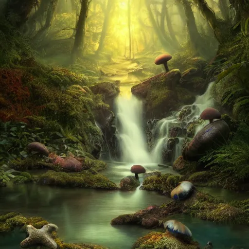 Image similar to tom bagshaw, soft painting render curiosities carnival pond river vegetation rocks bugs wildlife mushrooms covered moss bioluminescent wisps, beautiful stunning waterfall, accurate features, focus, very intricate ultrafine details, random volumetric lighting, fog, award winning masterpiece, octane render 8 k hd, artstation