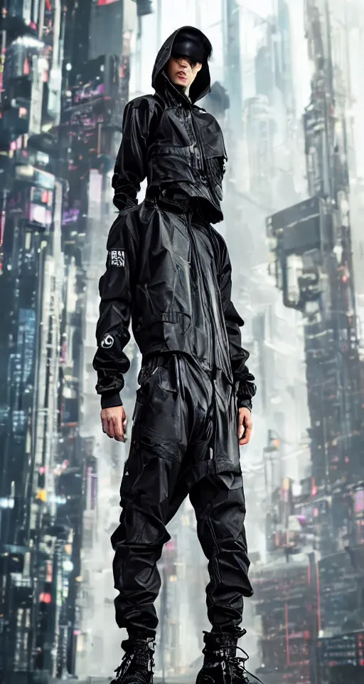 Image similar to cyberpunk techwear streetwear look and clothes, we can see them from feet to head, highly detailed and intricate, beautiful bright colors, hypermaximalist, futuristic, cyberpunk setting, luxury, elite, cinematic, techwear fashion, Errolson Hugh, Sacai, Nike ACG, Yohji Yamamoto, Y3, ACRNYM, outfit photo