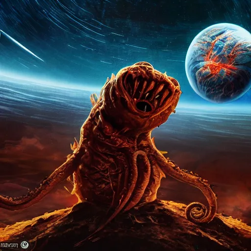 Image similar to one eldritch horror bloody garfield in space, galaxy, hd, 8 k, explosions, gunfire, lasers, giant, epic, realistic photo, unreal engine, stars, prophecy, powerful, cinematic lighting, destroyed planet, debris, movie poster, violent, sinister, ray tracing, dynamic, print, epic composition, dark, horrific, tentacles, teeth