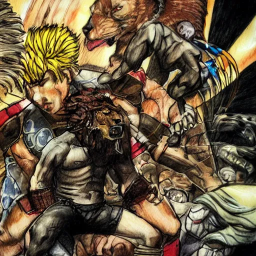 Image similar to one hero wrestling against a lion in the middle of an arena, crowd of people, pencil art, added detail, high definiton, colored, aerial view, blood, yoji shinkawa