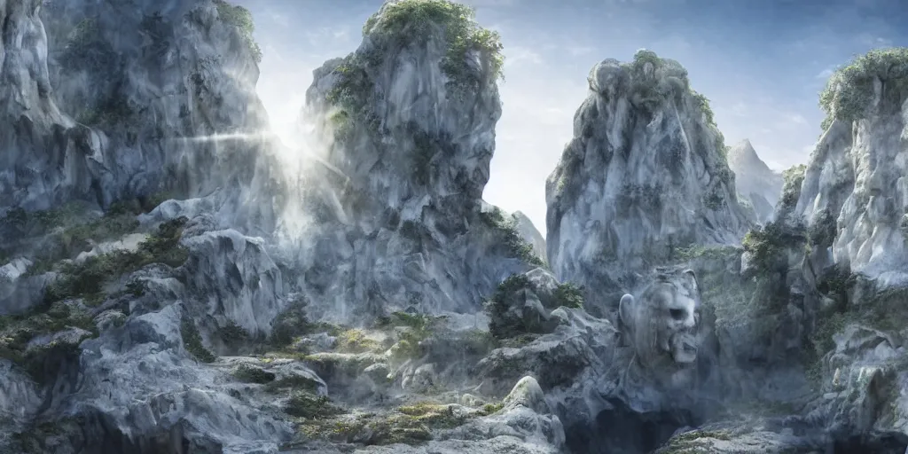 Prompt: two giant white marble statues flanking a cave entrance into a mountain, extremely detailed digital matte painting, clear skies, sunlight, god rays