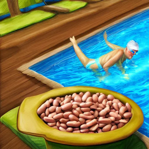 Image similar to the leader of the united kingdom swimming in a pool of beans digital painting art