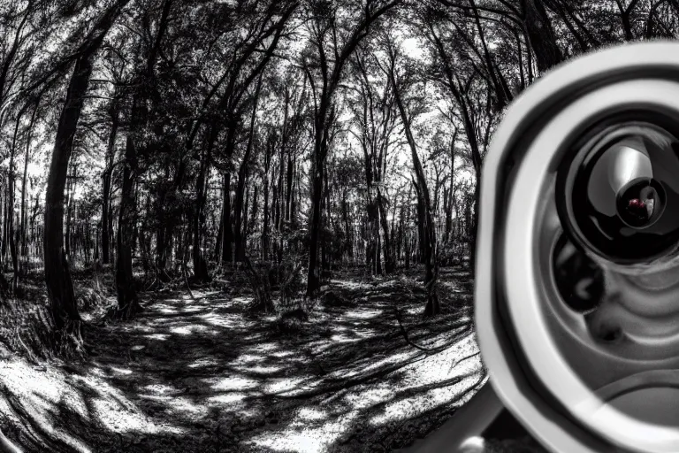 Image similar to fisheye view of a trail cam on an alien planet, a curious alien carnivore looking into the camera, black an white, infrared, 4k realistic