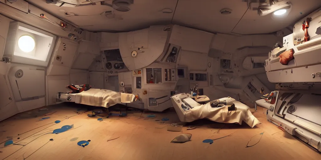 Prompt: Room of a spacecraft, with a bunk bed, Light light atmosphere, warm tones, lights, gloom and lights, warm tones, warm colors, photo realistic, playing, CGI, Unreal Engine, Hdri