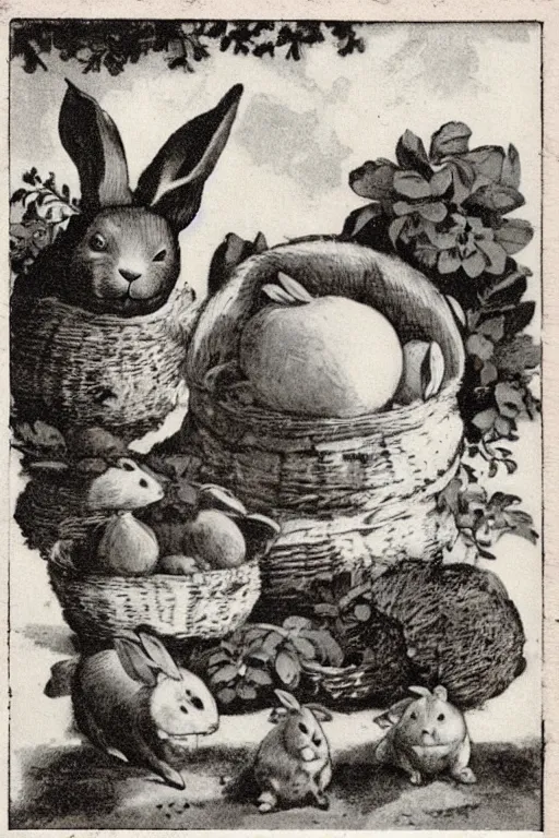 Prompt: fat rabbits with oranges vintage photograph