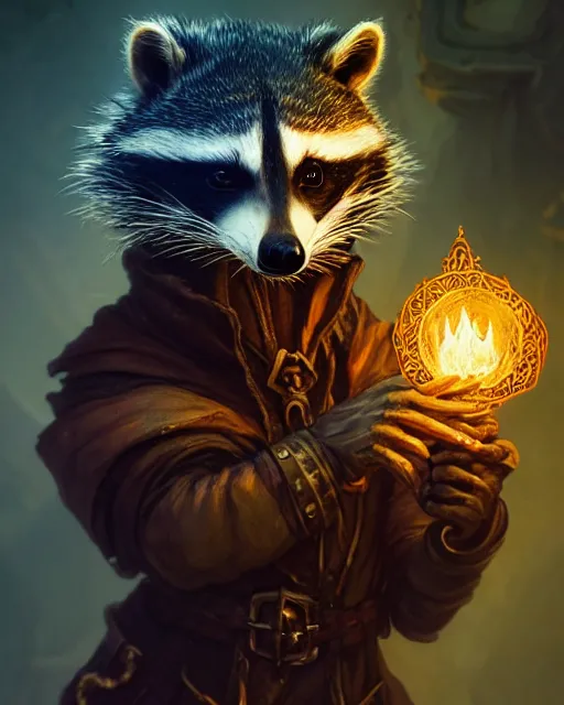 Image similar to closeup 2 8 mm anthropomorphic warlock raccoon casting a spell in a castle, d & d, fantasy, intricate, action pose, particle effects, highly detailed, digital painting, artstation, concept art, matte, sharp focus, volumetric lighting, illustration, hearthstone, art by artgerm, wlop, greg rutkowski and alphonse mucha