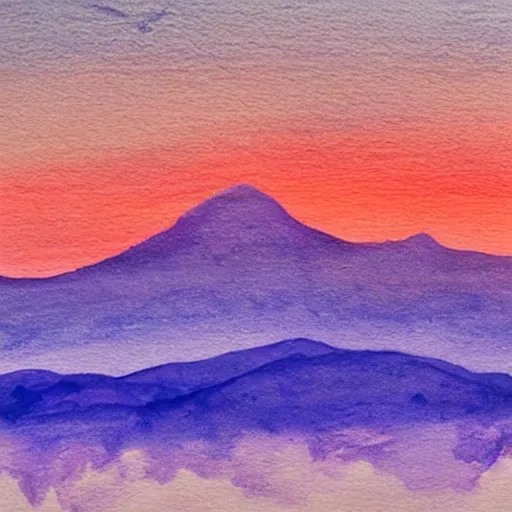 Image similar to blue watercolor mountains with a pink and blue rising sun cloudy sky, soft colors