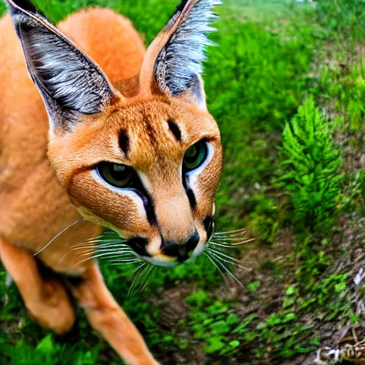 Image similar to fisheye photo of a caracal hissing