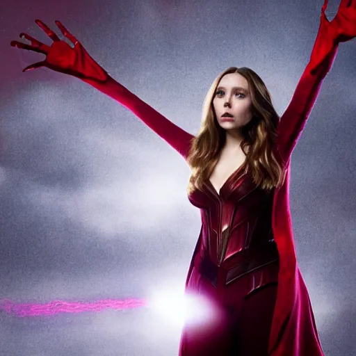 Prompt: elizabeth olsen as the scarlet witch, floating in the air as she emanates magic from her palms, full - body portrait, 3 5 mm!!!!! photography, disdain facial expression, messy!!!!! hair, trending on artstation, photorealistic!!!!!, 4 k, 8 k