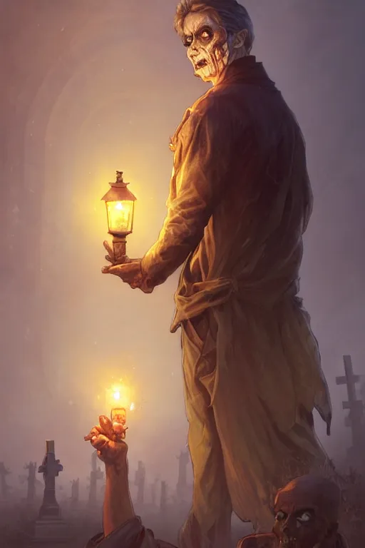 Prompt: male senior holding a lantern in a cemetery several zombies, highly detailed, digital painting, artstation, concept art, smooth, sharp focus, illustration, art by artgerm and greg rutkowski and alphonse mucha and andrei riabovitchev