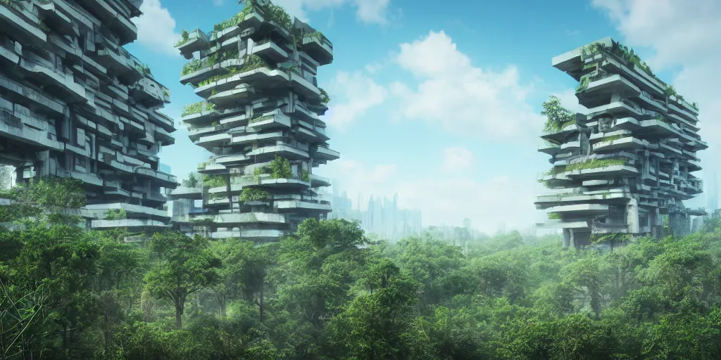 Prompt: lusciously grown forest based on the brutalist architecture of ricardo bofill in an urban megacity, sci - fi, light blue sky with clouds, dramatic matte painting, style by thomas cole, 8 k, octane render, photorealistic, hyperrealism