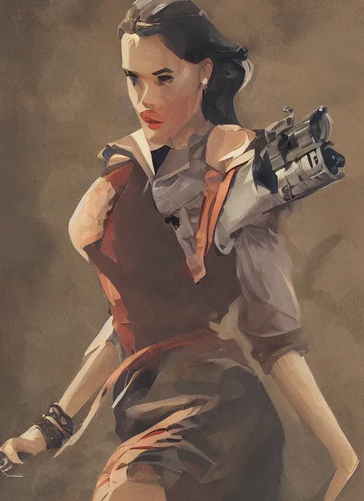 Image similar to detailed artwork by phil noto ; stylized painting of young jennifer connelly from the rocketeer ; brush texture ; asymmetric composition ; paint texture ; trending on artstation ; gallery painting by phil noto, comic style