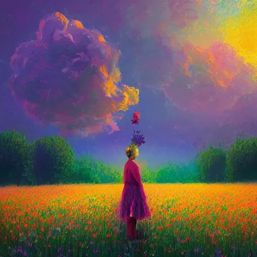 Image similar to girl with head made of flower, standing in a flower field, big trees, sunrise dramatic light, impressionist painting, colorful clouds, digital painting, pointillism, artstation, simon stalenhag