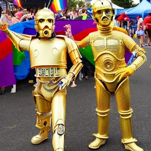 Image similar to c 3 po at a pride festival