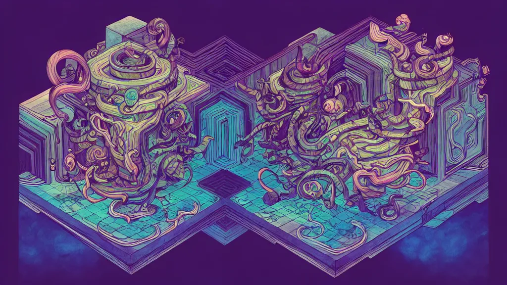 Image similar to arcane twisted turn of fate abstraction, centered award winning ink pen illustration, isometric abstract illustration by dan mumford, edited by craola, technical drawing by beeple and tooth wu, tiny details by artgerm and watercolor girl, symmetrically isometrically centered