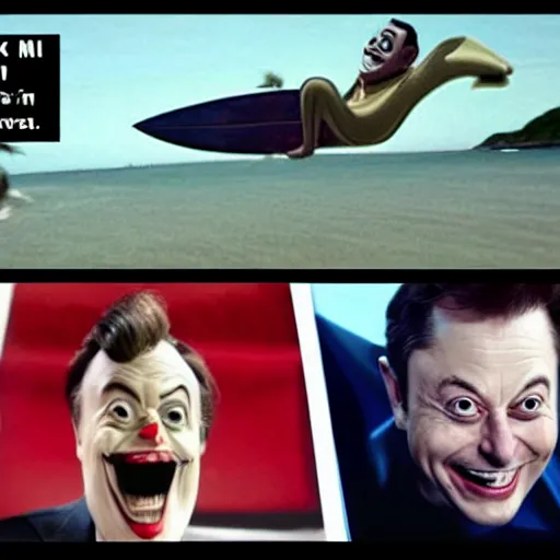 Image similar to surfing elon musk as mr. bean as the joker from batman, surfing still from batman vs bean at the beach, 2 0 2 0