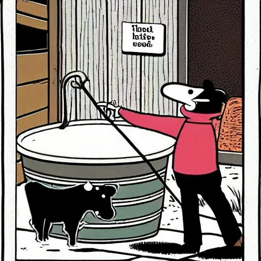 Image similar to a cow points at a bucket, illustrated by gary larson, far side comic, b & w