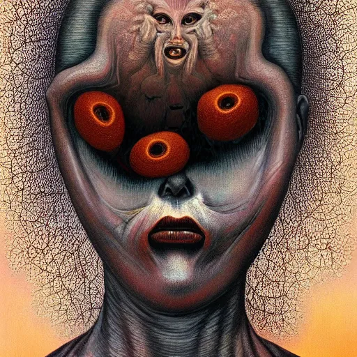 Image similar to dramatic portrait painting of woman with large crying eyes with black mandelbrot fractal instead of face, in style of zdzisław beksinski, horror, body horror, dark, disturbing,