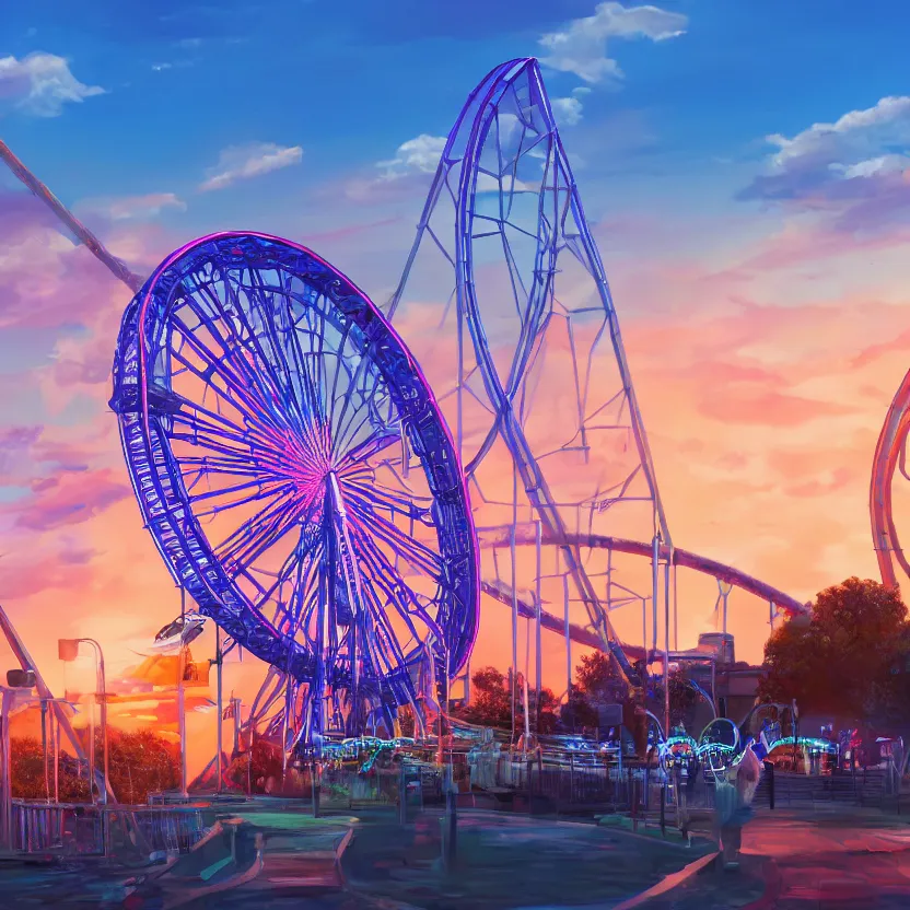 Prompt: digital art, a blue guitar, a giant roller coaster and a ferris wheel in the background, cinematic, sunset, fantasy, 8 k, trending on artstation