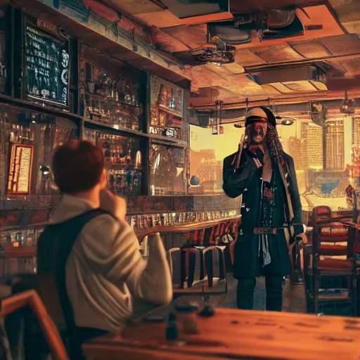 Image similar to a high quality portrait of a pirate in a cyberpunk cafe realism 8k