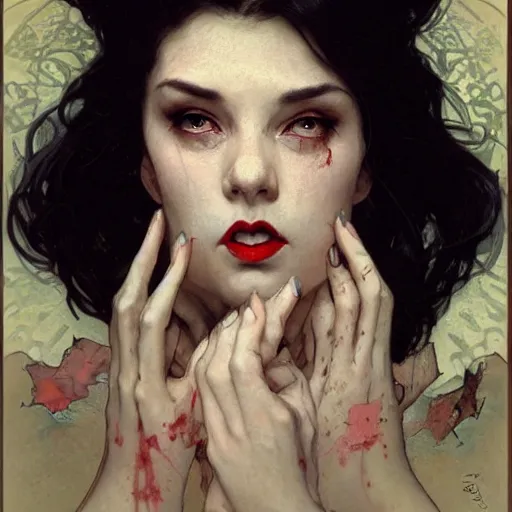 Prompt: portrait of a very beautiful vampire, top half of body, by Stanley Artgerm Lau , greg rutkowski, thomas kindkade, alphonse mucha, loish, norman rockwell, J. C. Leyendecker. dark black hair, pale skin, detailed eyes, red lips, crying tears of blood. Trending on artstation rule of thirds extremely detailed illustration hd 4k