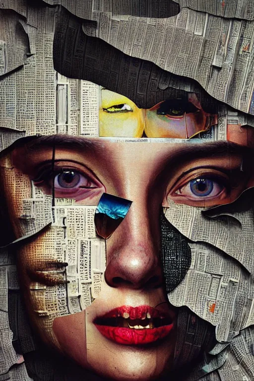 Image similar to 3 d, close - up, smiling fashion model, newspaper, tears, poster art, intricate oil painting, high detail, figurative art, multiple exposure, poster art, 3 d, by stanley kubrick and tooth wu and wlop and beeple