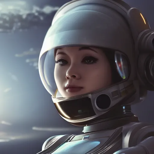 Prompt: front-facing portrait of a female mecha astronaut on a distant planet with a broken air ship, cinematic lighting, epic