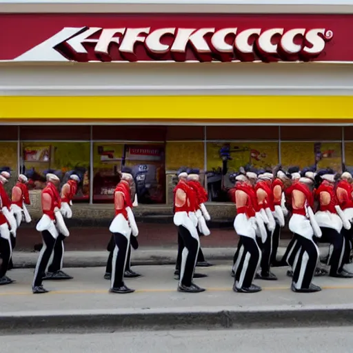 Image similar to a line of soldiers marching into kfc in a single file line, in the style of a 1940's cartoon.