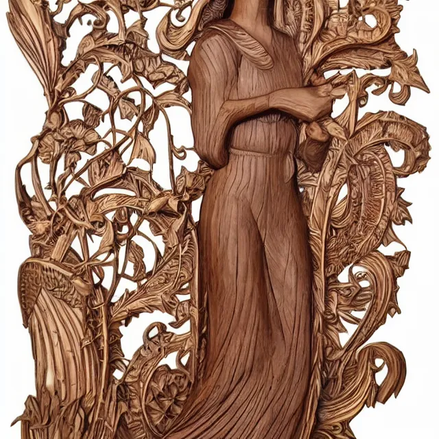 Prompt: a 3 d bas - relief wooden art nouveau carved sculpture of a young millie bobby brown or alicia vikander with long hair blowing in the wind, in front of a delicate tracery pattern, intricate and highly detailed, well - lit, ornate, realistic