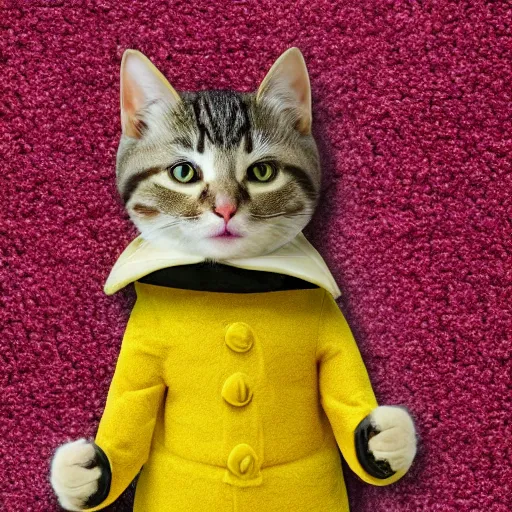 Prompt: cat in living room, cat wearing mustard yellow leisure suit, 7 0's decor, shag carpet, 4 k, 8 k, ultra detailed