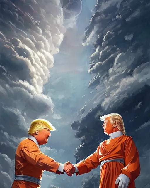 Image similar to donald trump and san goku facing each other off dressed in spaceship pilot dresses shaking hands, portrait, illustration, rim light, top light, perfectly shaded, spring time, slight overcast lighting, soft painting, art by krenz cushart and wenjun lin