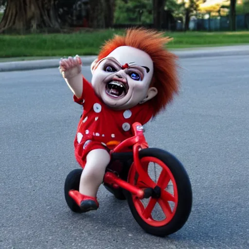 Image similar to cute screaming chucky doll riding a tricycle