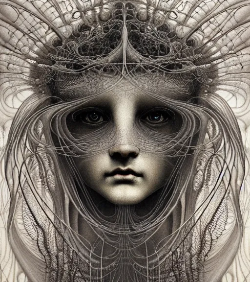 Image similar to detailed realistic beautiful jellyfish goddess face portrait by jean delville, gustave dore, iris van herpen and marco mazzoni, art forms of nature by ernst haeckel, art nouveau, symbolist, visionary, gothic, neo - gothic, pre - raphaelite, fractal lace, intricate alien botanicals, biodiversity, surreality, hyperdetailed ultrasharp octane render