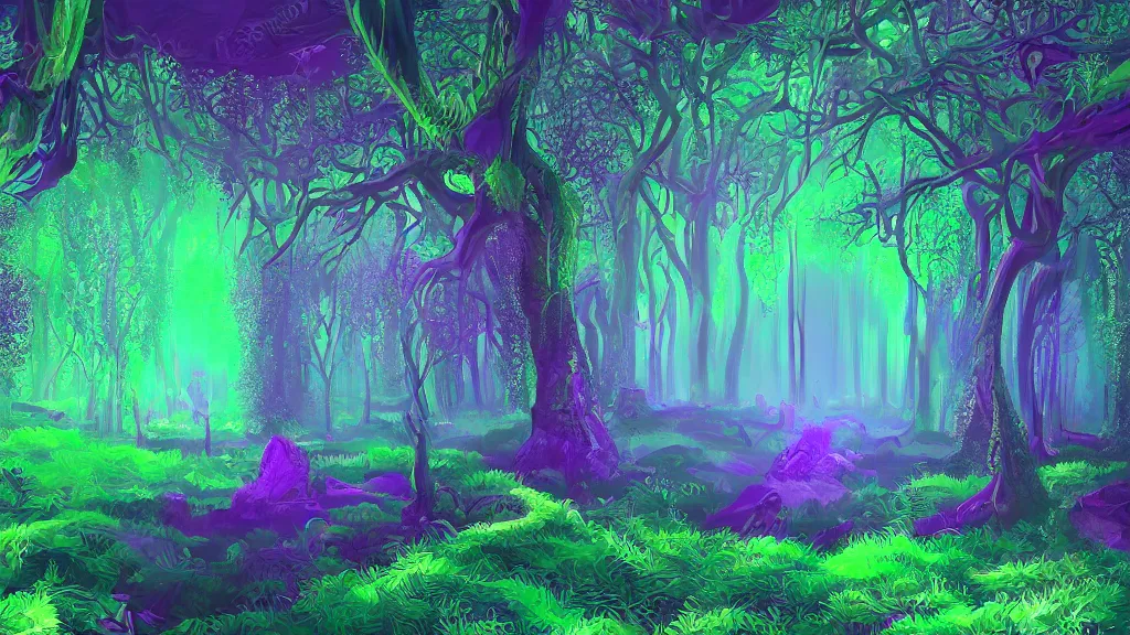 Image similar to portrait of an ethereal evergreen forest made of green and purple light, divine, cyberspace, mysterious, dark high-contrast concept art
