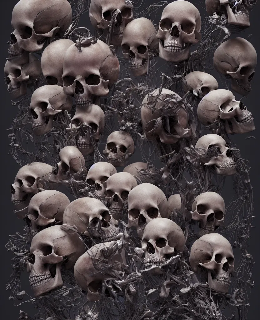 Image similar to composition of human skulls, animals skulls, bones, rib-cage and orchids, bioluminiscent, by Tooth Wu and wlop and beeple. octane render, trending on artstation, greg rutkowski very coherent symmetrical artwork. cinematic, hyper realism, high detail, octane render, 8k