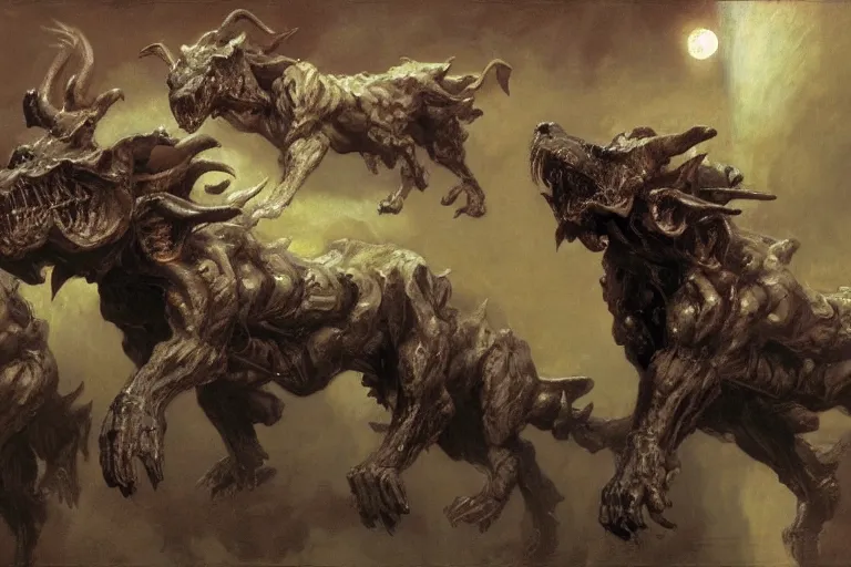 Image similar to hyperdetailed matte art of cerberus by ilya repin, amano, rene magritte, craig mullins