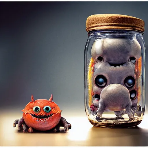 Image similar to cute monster in a jar by Greg Rutkowski, product photography, centered, studio lightning