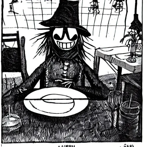 Prompt: a scarecrow is sitting in a fancy restaurant. the waiter is on fire folk horror