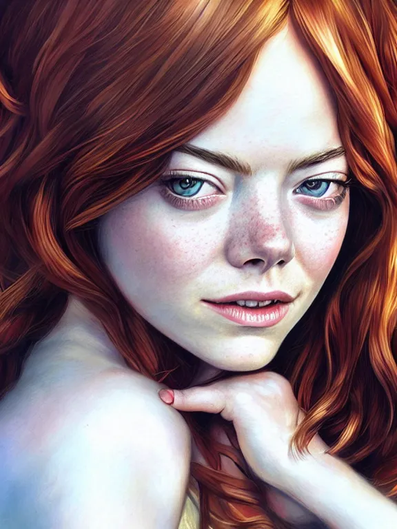 Image similar to emma stone as a young mary jane watson, digital painting, extremely detailed, 4 k, intricate, brush strokes, mark arian, artgerm, bastien lecouffe - deharme