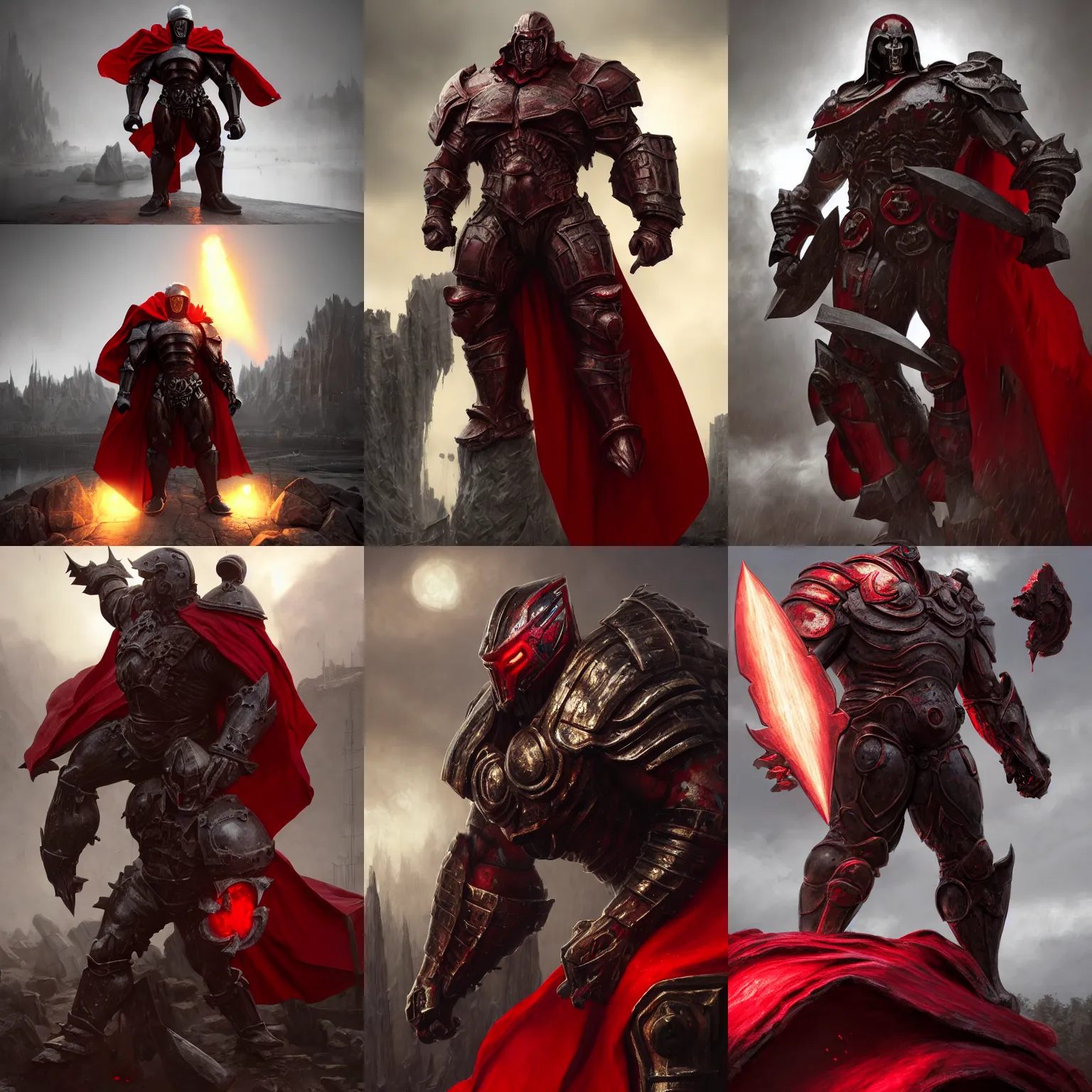 Prompt: sinister ultrarealistic massive giant iron warrior with red cape fighting, giant metal helm bladed iron mantle black etched armor, bodybuilder body, bone wastes, fantasy character octane render, substance painter, cinematic lighting, volumetric lighting, wide angle, artstation, dnd art, cgsociety, sharp focus, digital painting by artgerm, gerald brom, wlop